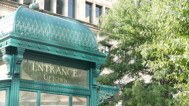 New York City subway, Astor Place underground metro, green iron kiosk. Metropolitan vintage entrance, public passenger transport retro historic exit. NYC old architecture, Manhattan, United States.