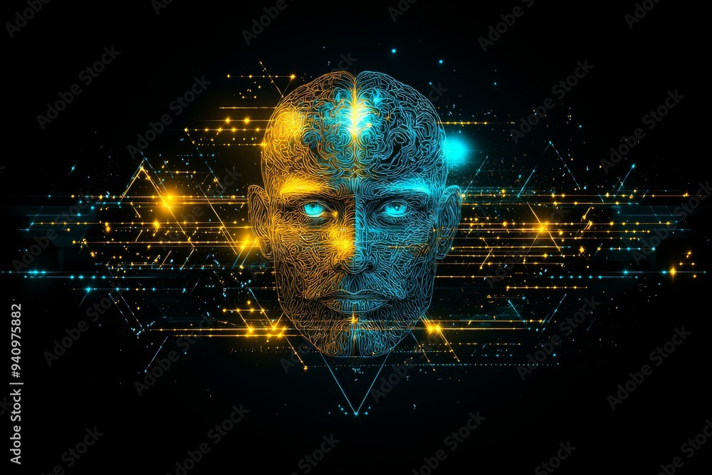 Poster futuristic depiction of a human head with glowing interconnected neural pathways representing artifi