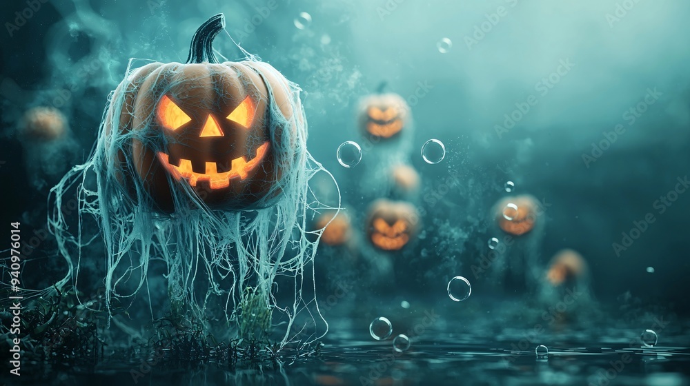 Poster a spooky underwater scene features glowing jack-o'-lanterns floating amidst eerie seaweed and bubble
