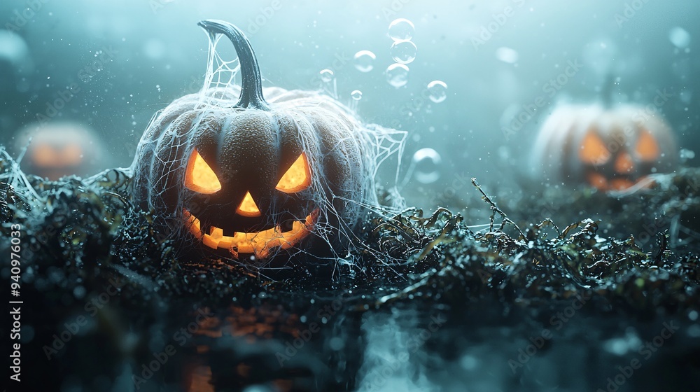 Poster a spooky underwater scene features glowing jack-o'-lanterns floating amidst eerie seaweed and bubble