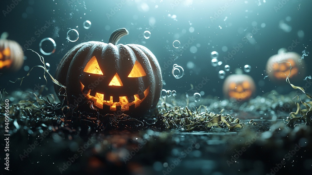 Poster a spooky underwater scene features glowing jack-o'-lanterns floating amidst eerie seaweed and bubble