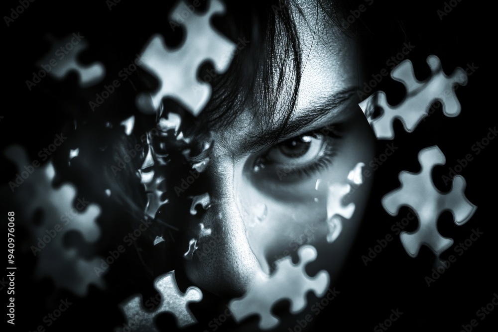 Poster dark intense portrait of woman with missing puzzle pieces from her face symbolizing struggle of iden