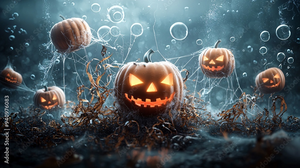 Poster a spooky underwater scene features glowing jack-o'-lanterns floating amidst eerie seaweed and bubble