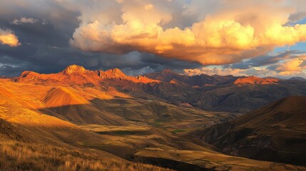 Naklejka premium The Coroico Valley bathed in golden sunset light, revealing the dramatic mountainous landscape of the La Paz Department, Bolivia.