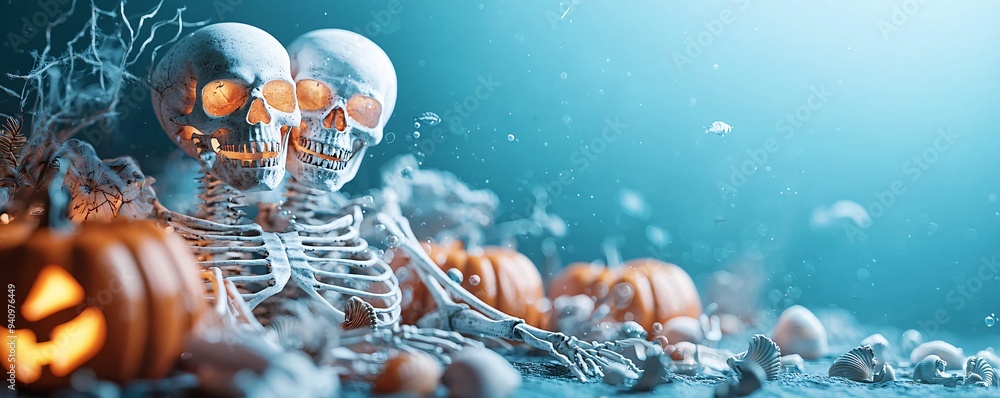 Poster underwater skeletons sit on the ocean floor, surrounded by scattered shells and glowing pumpkins, cr