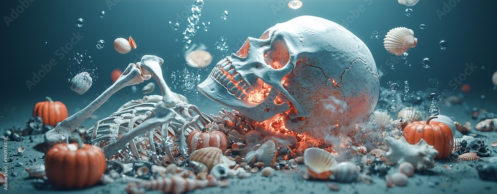 Poster underwater skeletons sit on the ocean floor, surrounded by scattered shells and glowing pumpkins, cr