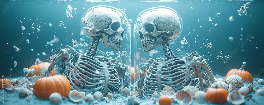 Poster underwater skeletons sit on the ocean floor, surrounded by scattered shells and glowing pumpkins, cr