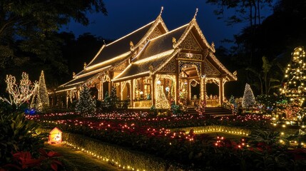 Fototapeta premium The elegant Baan Sukhawadee house sparkling with festive Christmas lights, drawing visitors into its magical holiday display.