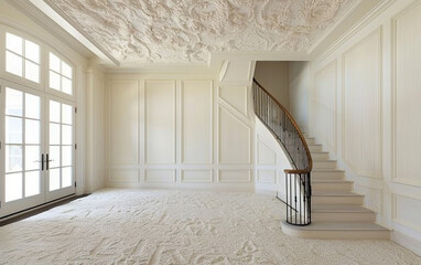 Delicate off-white wainscoting meeting a frothy, cream-like stucco ceiling in a luxurious French-inspired room.