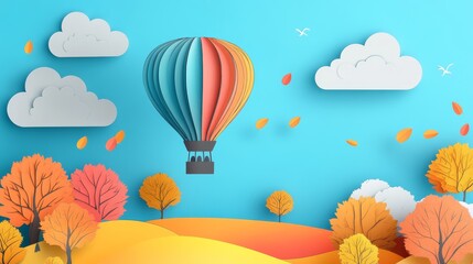 3D render of a colorful hot air balloon in the sky above an autumn landscape with trees and clouds on a blue background.
