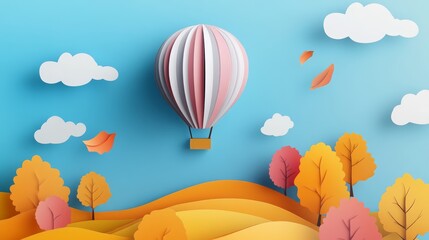 Obraz premium 3D render of a colorful hot air balloon in the sky above an autumn landscape with trees and clouds on a blue background.
