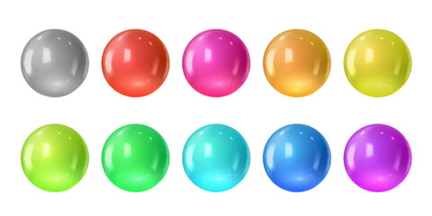 Set of colored spheres, 3D colorful glossy glass balls collection, vector volume multicolored bubbles, realistic balloon