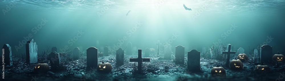 Aufkleber a chilling underwater graveyard with tombstones and jack-o'-lanterns illuminated by the ghostly ligh