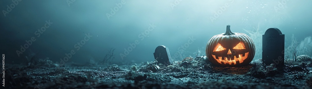 Poster a chilling underwater graveyard with tombstones and jack-o'-lanterns illuminated by the ghostly ligh
