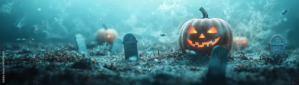 Poster a chilling underwater graveyard with tombstones and jack-o'-lanterns illuminated by the ghostly ligh