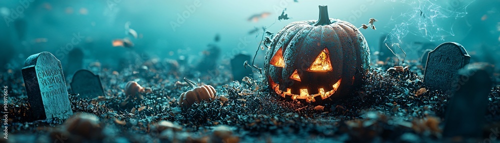 Poster a chilling underwater graveyard with tombstones and jack-o'-lanterns illuminated by the ghostly ligh
