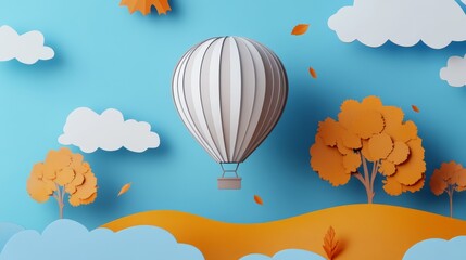 Fototapeta premium 3D render of a colorful hot air balloon in the sky above an autumn landscape with trees and clouds on a blue background.