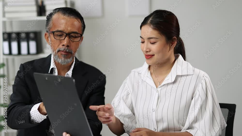 Wall mural Senior business consultant helps a younger colleague understand financial documents in a modern office setting. Professional teamwork and mentoring session in a corporate environment.