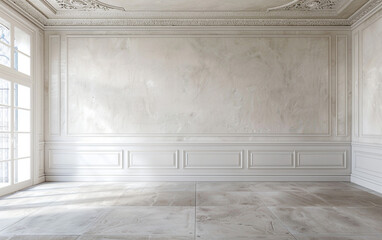 Delicate off-white wainscoting meeting a frothy, cream-like stucco ceiling in a luxurious French-inspired room.