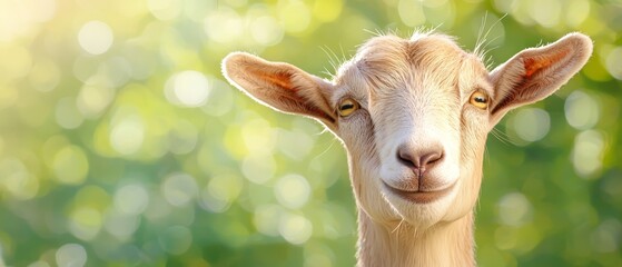 Obraz premium A goat's face, in tight focus, surrounded by trees with a blurred foreground