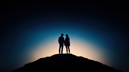 Fototapeta premium Silhouette of two figures standing together on a hilltop