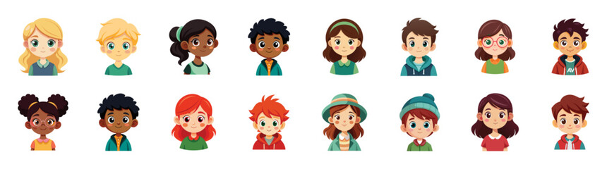 Diverse group of boys and girls avatars, kindergarten kids with various hairstyles and accessories. Vector cartoon illustration set.