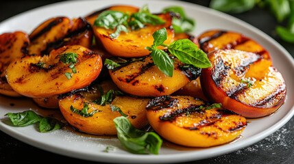 Grilled Peaches,  A white plate filled with grilled peaches garnished with fresh basil, showcasing vibrant orange fruit for a delicious summer dish