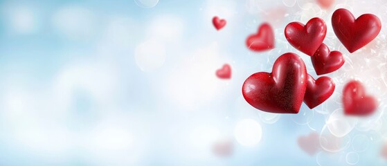 Obraz premium Red hearts float in the air against a blue and white backdrop, surrounded by light bubble bokeh