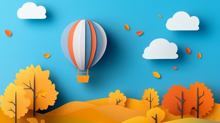 3D render of a colorful hot air balloon in the sky above an autumn landscape with trees and clouds on a blue background.