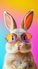 Fototapeta premium Cool Rabbit in Sunglasses: Vibrant Abstract Easter Mascot for Year of the Rabbit Celebrations. Trendy Animal Character on Colorful Background for Holiday Marketing, Zodiac-Themed Campaigns, and Festiv