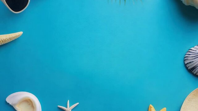 A blue background with a variety of seashells and a hat