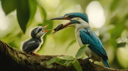 Obraz premium The moment a woodland kingfisher transfers a caught insect to its chick, the forest background alive with soft green hues.