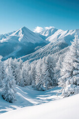 Obraz premium Snowy Mountain Landscape, Beautiful snowy mountains under a clear blue sky create a stunning winter scene, highlighting the tranquility of nature and its breathtaking beauty