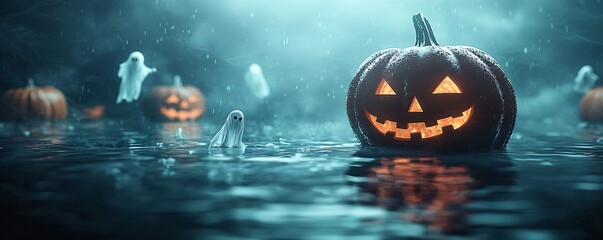 Fototapeta premium A dark underwater cavern is illuminated by glowing pumpkins and ghostly figures floating through the water, creating a haunting Halloween atmosphere. The scene provides plenty of copy space for text