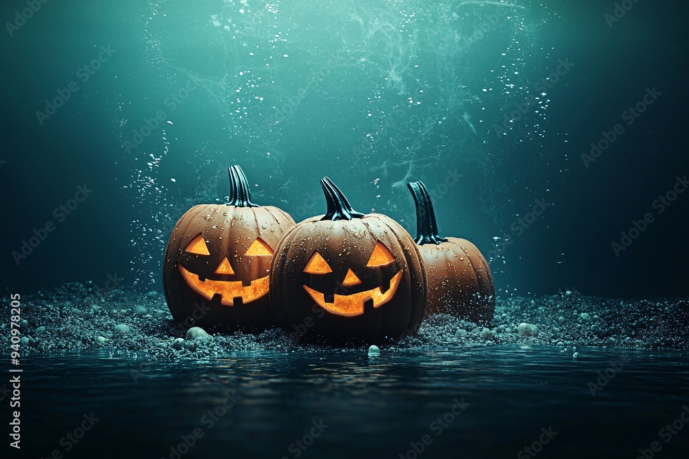 Poster a spooky underwater halloween setting with ghostly apparitions and submerged pumpkins glowing in the