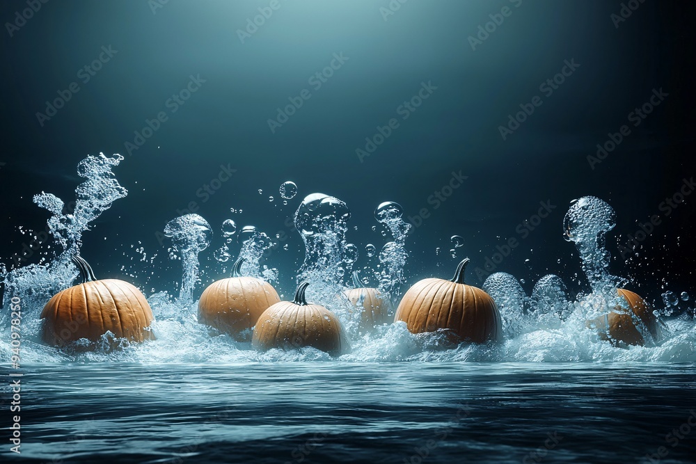 Poster a spooky underwater halloween setting with ghostly apparitions and submerged pumpkins glowing in the