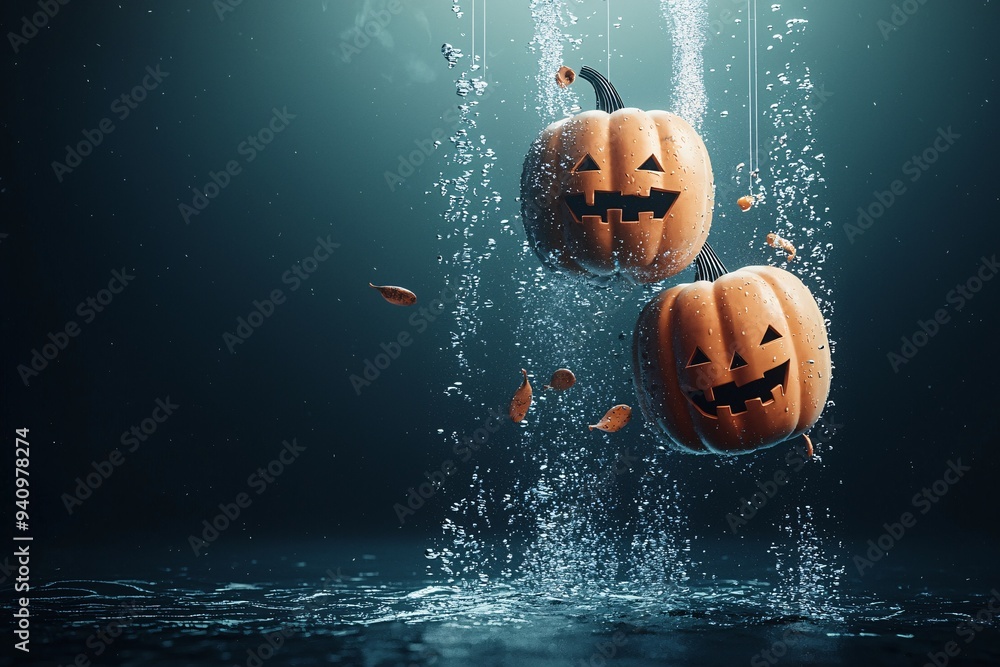 Poster a spooky underwater halloween setting with ghostly apparitions and submerged pumpkins glowing in the