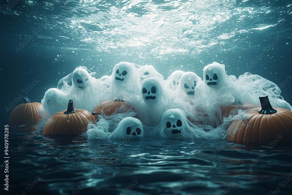 Poster a spooky underwater halloween setting with ghostly apparitions and submerged pumpkins glowing in the