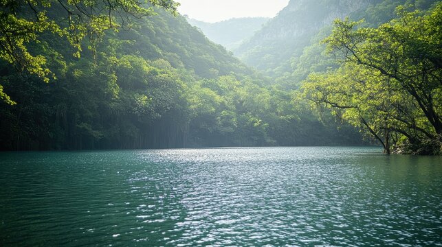 The serene waters of a lake in San Luis Poto Huasteca Potosina, surrounded by lush greenery and natural beauty.