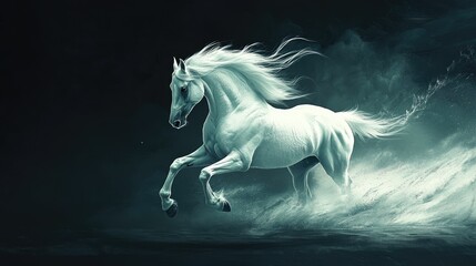 Naklejka premium The silhouette of a white horse racing through the dark, with its powerful muscles and mane flowing.