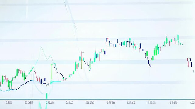 Financial stock market chart with candlestick patterns and fluctuating prices on a white background. Concept of economic analysis, trading strategies, financial growth, and market trends.