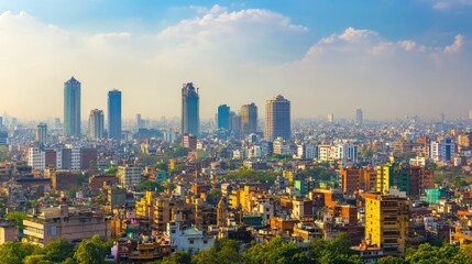Obraz premium The skyline of a major Indian city, featuring a mix of modern skyscrapers and traditional buildings.