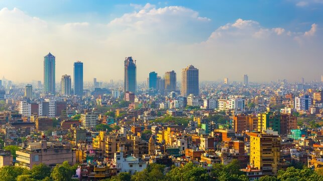 The skyline of a major Indian city, featuring a mix of modern skyscrapers and traditional buildings.