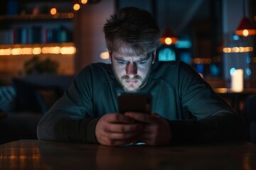 Young man addicted to cell phone, suffering of Nomophobia. Smartphone overuse and internet addiction concept.