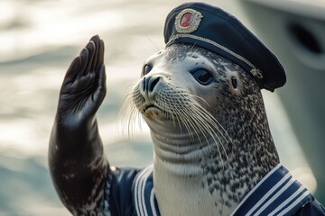 Fototapeta premium Sailor Seal: A seal in a sailor uniform with a cap, saluting on a boat deck. 