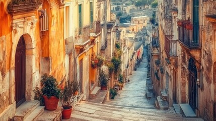 Naklejka premium The timeless beauty of Ragusa Ibla captured in a panoramic shot, showcasing its Baroque architecture and winding alleys.