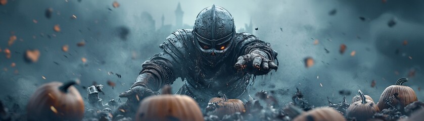 A knight in dark armor standing guard at the entrance of a haunted medieval castle, with pumpkins and ghoulish decorations at his feet. The image provides generous copy space for text or other