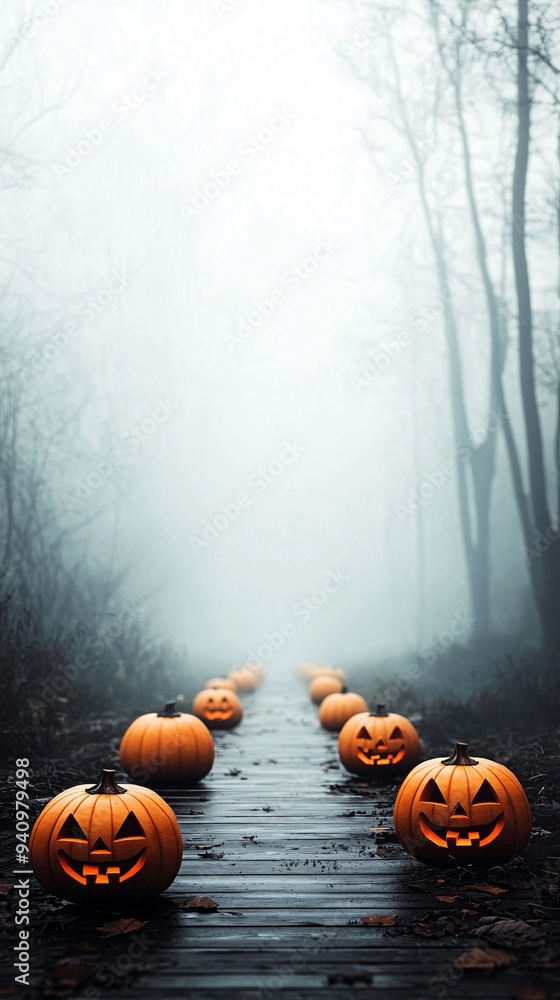 Poster a haunted medieval forest path, lined with carved pumpkins and ancient trees shrouded in mist. the s