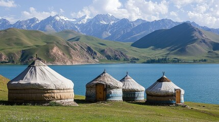 Traditional yurt tents set against the breathtaking backdrop of Lake Song-Kul, nestled in Kyrgyzstan highlands.