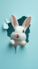 Obraz premium Curious Rabbit Peeking Through Blue Wall Hole: Playful Easter Bunny Banner for Year of the Rabbit Celebrations. Creative Animal Illustration for Holiday Marketing, Zodiac-Themed Campaigns, and Festive